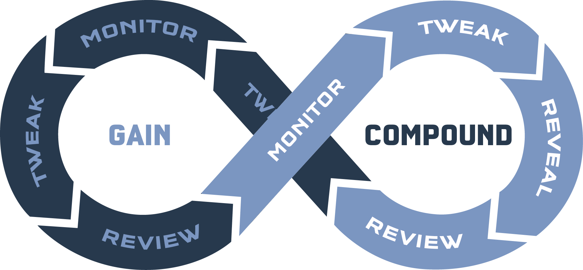 The infinite loop: Gain and Compound, Monitor, Tweak, Reveal, Review