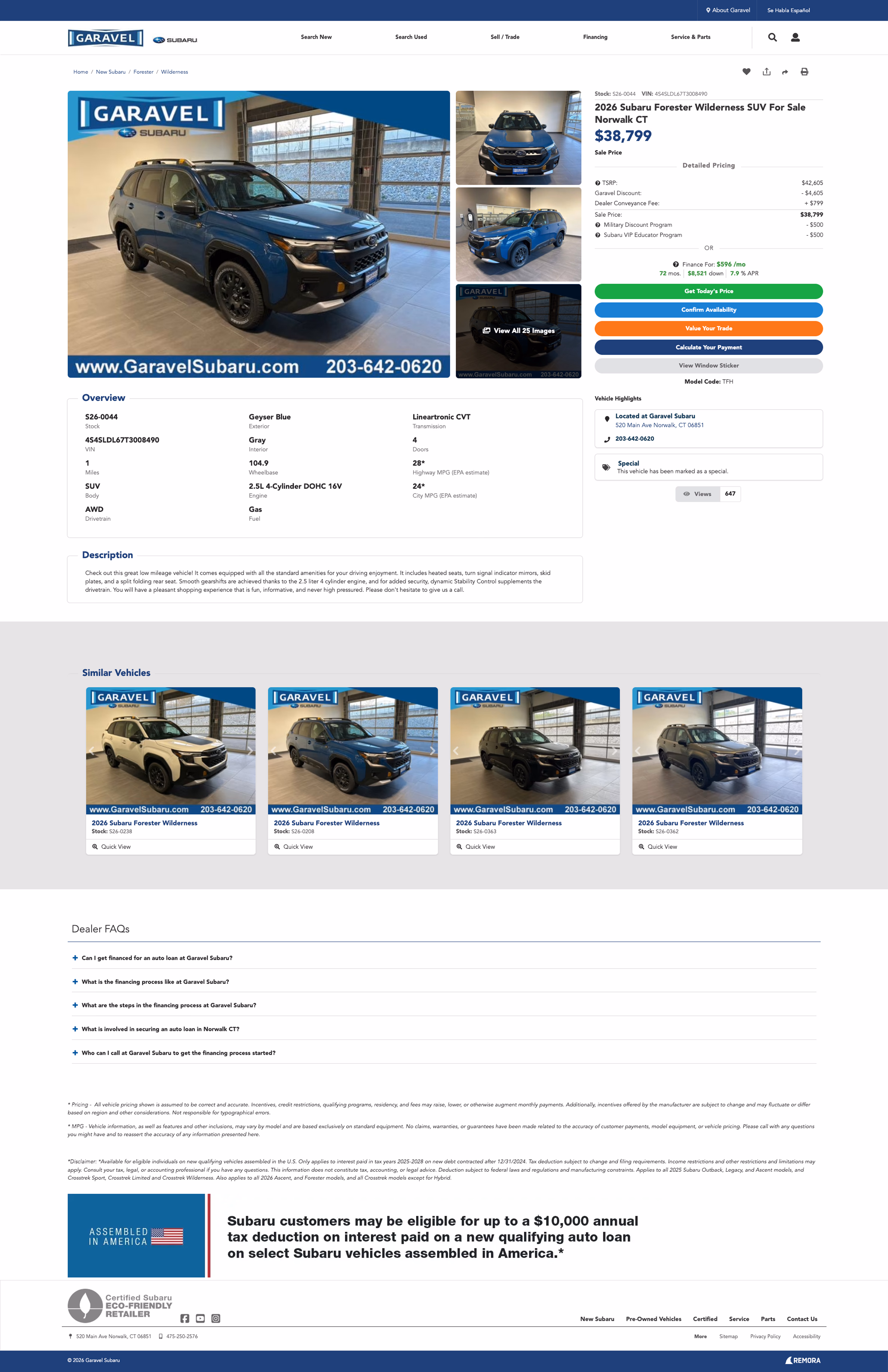 Garavel Subaru detail page
